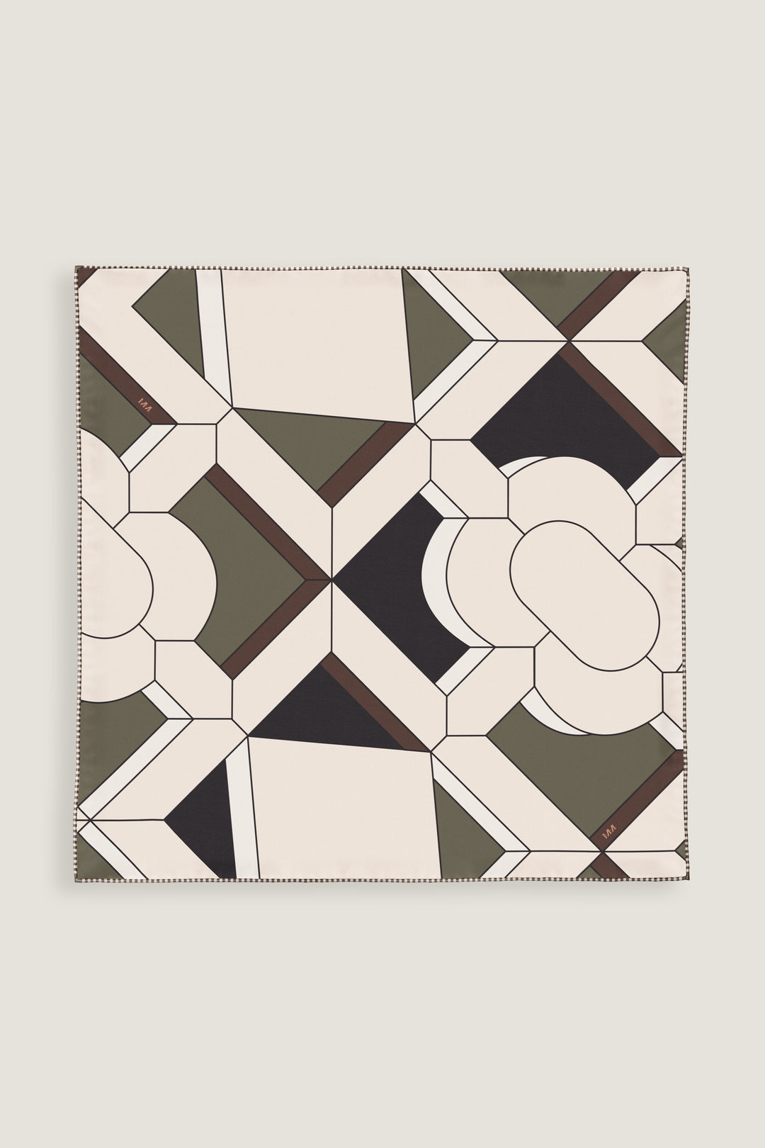 Luxury double faced silk scarf with elegant geometric layout in warm forest tones by MÀNA