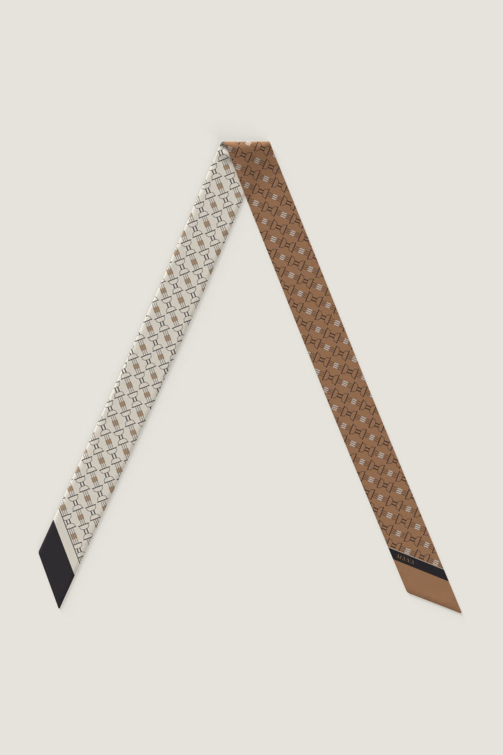 Designer twilly scarf 120 with elegant Art Deco design in cognac and cream by MÀNA