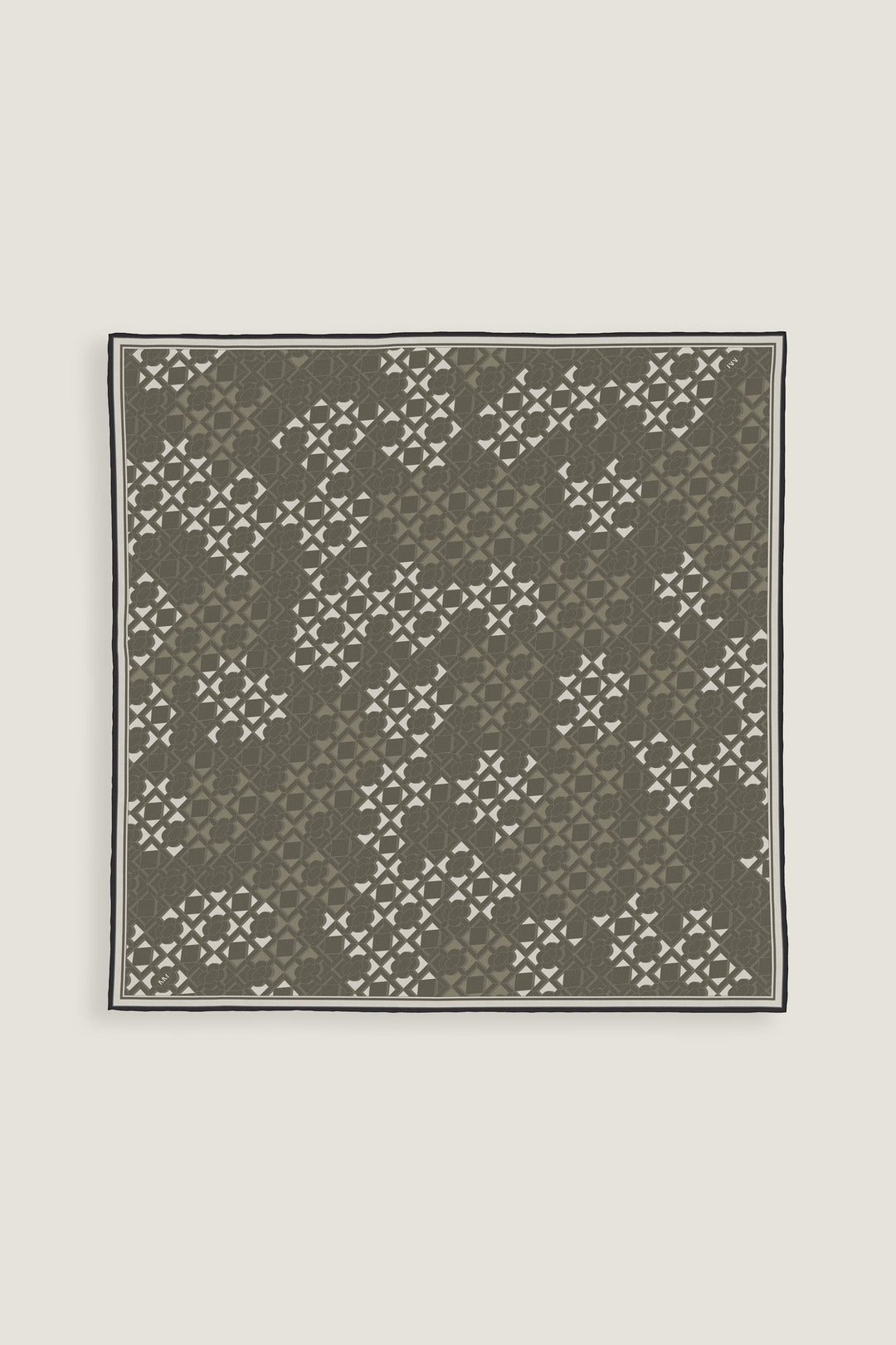 Double-faced silk scarf 70 with geometric flower pattern in moss green and ivory by MÀNA