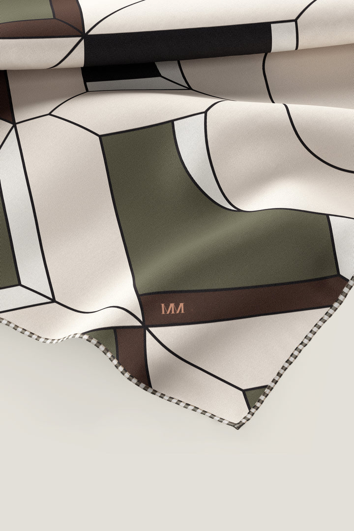 Double faced silk scarf 90 with hand-rolled edge in green stripe pattern by MÀNA