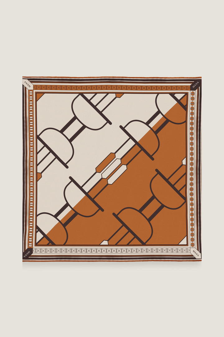 Hand designed silk scarf 70 with Art Deco design in bold cognac and  ivory by MÀNA