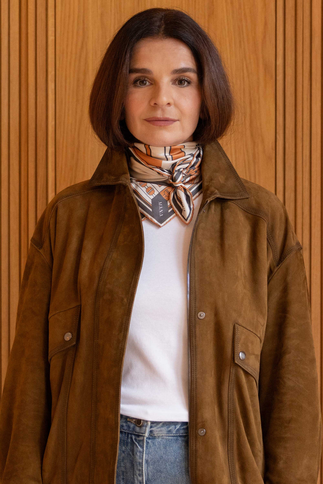 Hand designed silk scarf with hand rolled edges in warm cognac and ivory by MÀNA