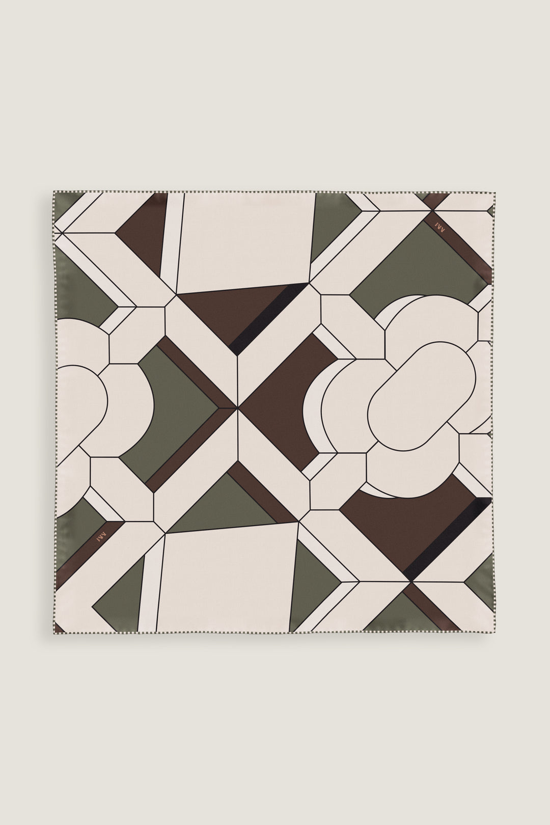 Large double faced silk scarf with elegant geometric print in moss green and brown by MÀNA