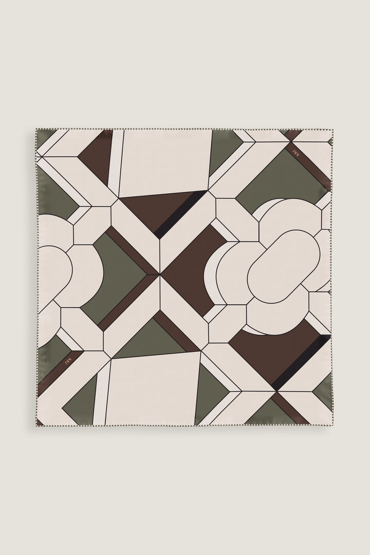 Large double faced silk scarf with elegant geometric print in moss green and brown by MÀNA
